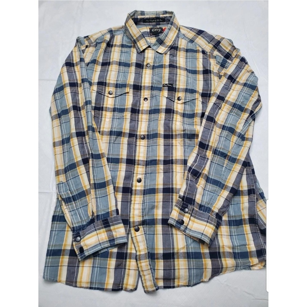 OBEY Shirt Mens XL Blue Yellow Plaid Long Sleeve Snap Button Up Western Posse